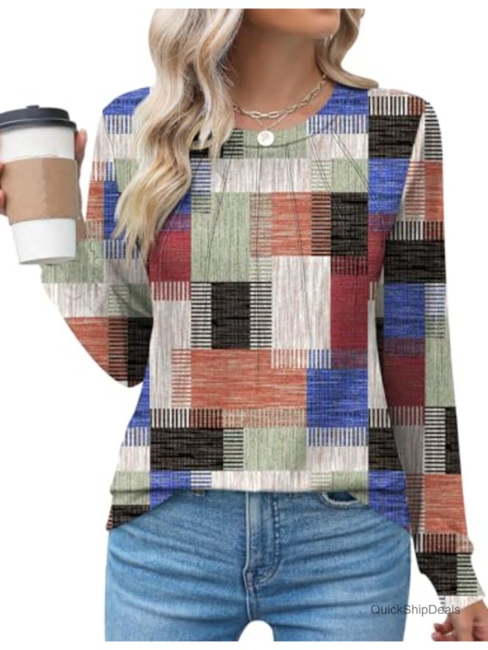 Women's Long Sleeve Pleated Crew Neck Dressy Casual Tunic Tee Blouse